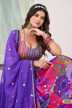 Purple Blue Tabby Silk Lehenga for Indian & Pakistani Wedding Festival - Print Work, Embroidery Work