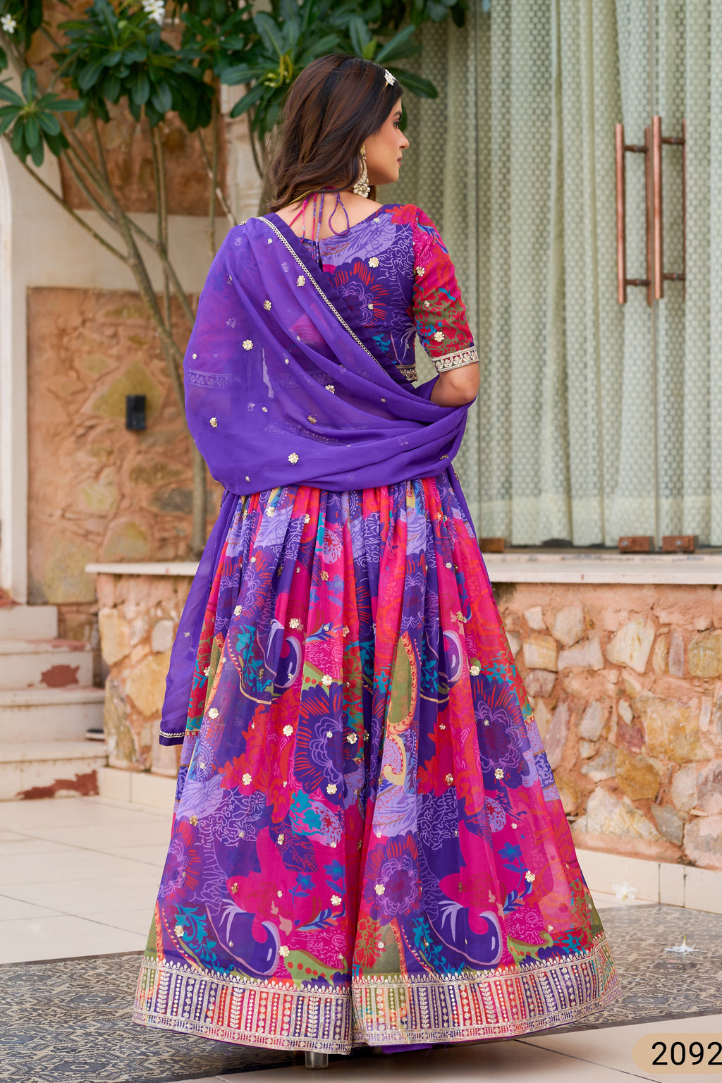 Purple Blue Tabby Silk Lehenga for Indian & Pakistani Wedding Festival - Print Work, Embroidery Work