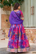 Purple Blue Tabby Silk Lehenga for Indian & Pakistani Wedding Festival - Print Work, Embroidery Work