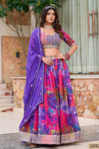 Purple Blue Tabby Silk Lehenga for Indian & Pakistani Wedding Festival - Print Work, Embroidery Work