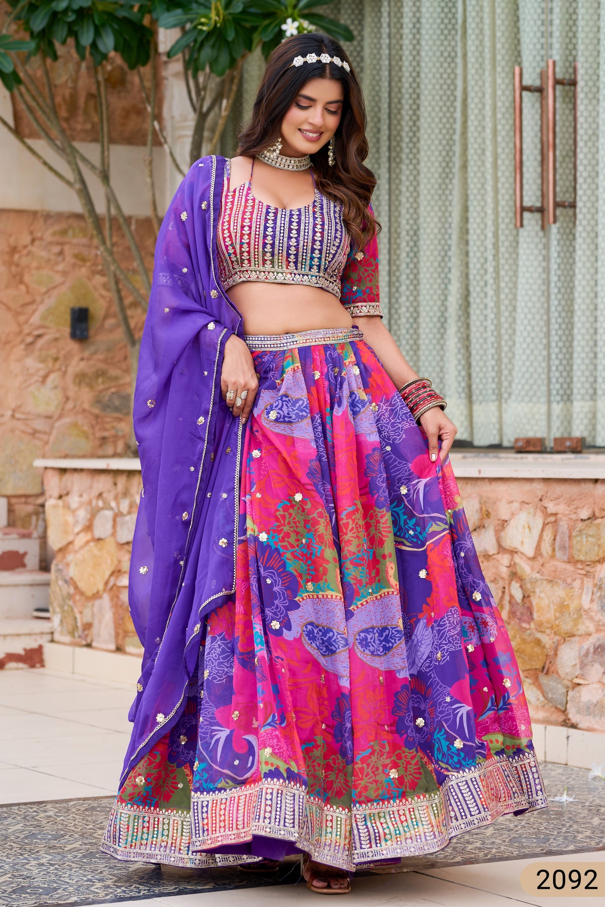Purple Blue Tabby Silk Lehenga for Indian & Pakistani Wedding Festival - Print Work, Embroidery Work