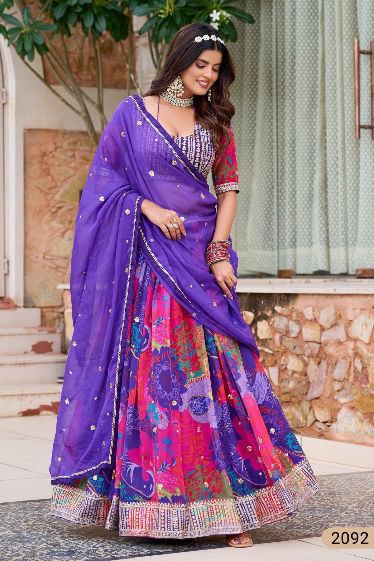 Purple Blue Tabby Silk Lehenga for Indian & Pakistani Wedding Festival - Print Work, Embroidery Work