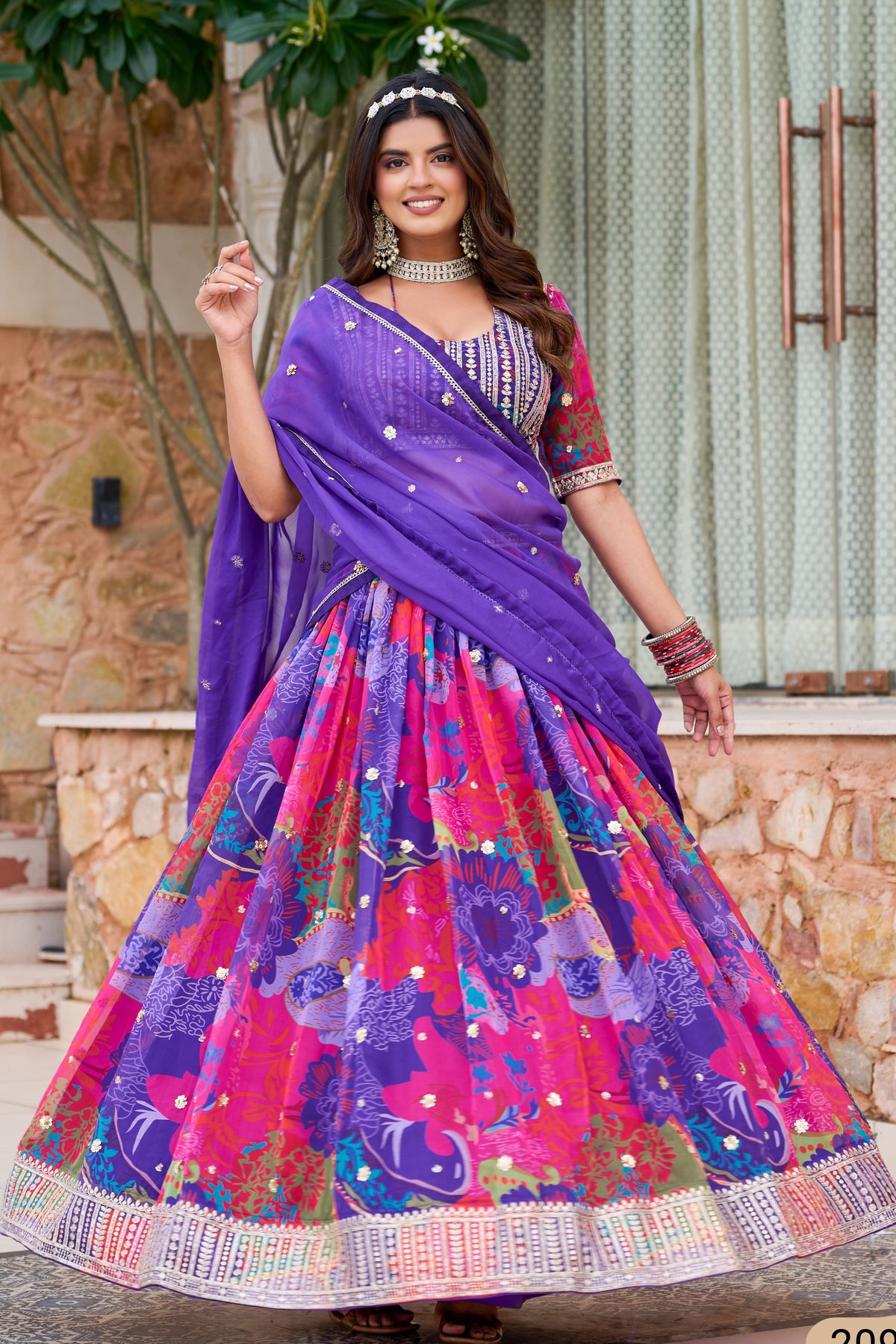 Purple Blue Tabby Silk Lehenga for Indian & Pakistani Wedding Festival - Print Work, Embroidery Work