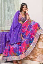 Purple Blue Tabby Silk Lehenga for Indian & Pakistani Wedding Festival - Print Work, Embroidery Work