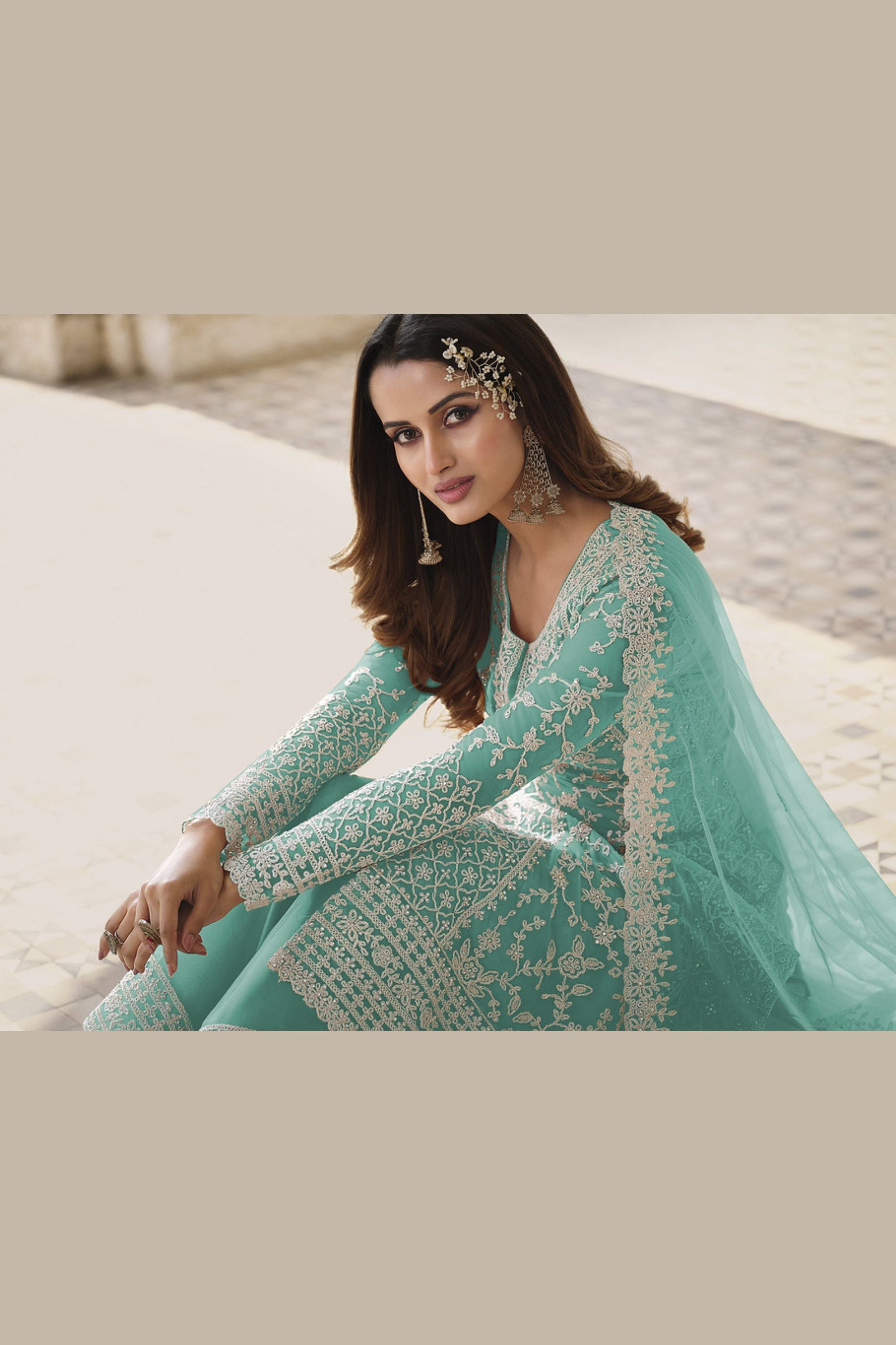 Cyan Net & Cording Work Salwar Kameez Plazzo Suit For Indian Wedding & Festival - Embroidery Work, Cording Work