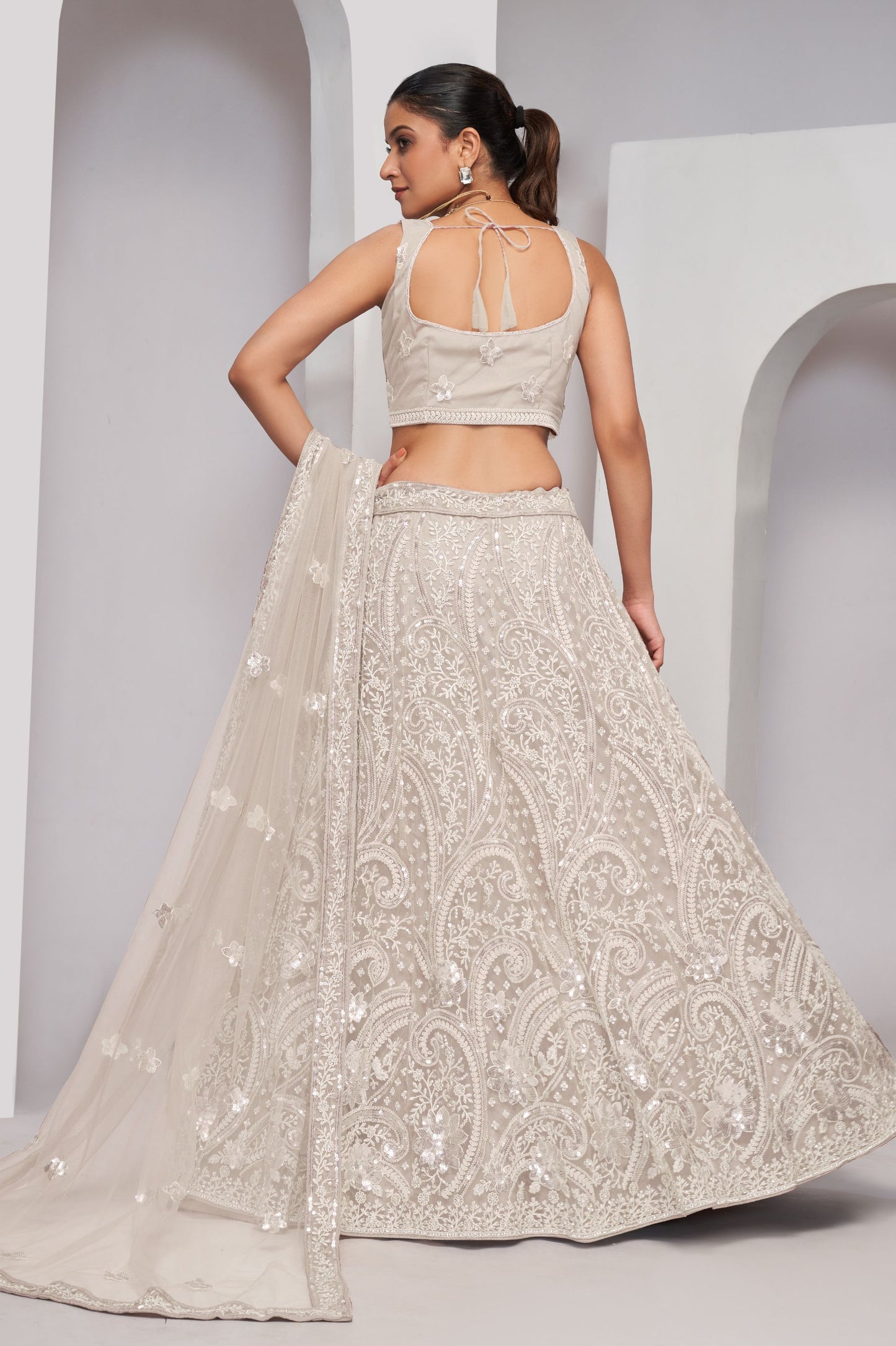 Off White Soft Net Lehenga Choli For Indian Festivals & Weddings - Sequins Work, Thread Work