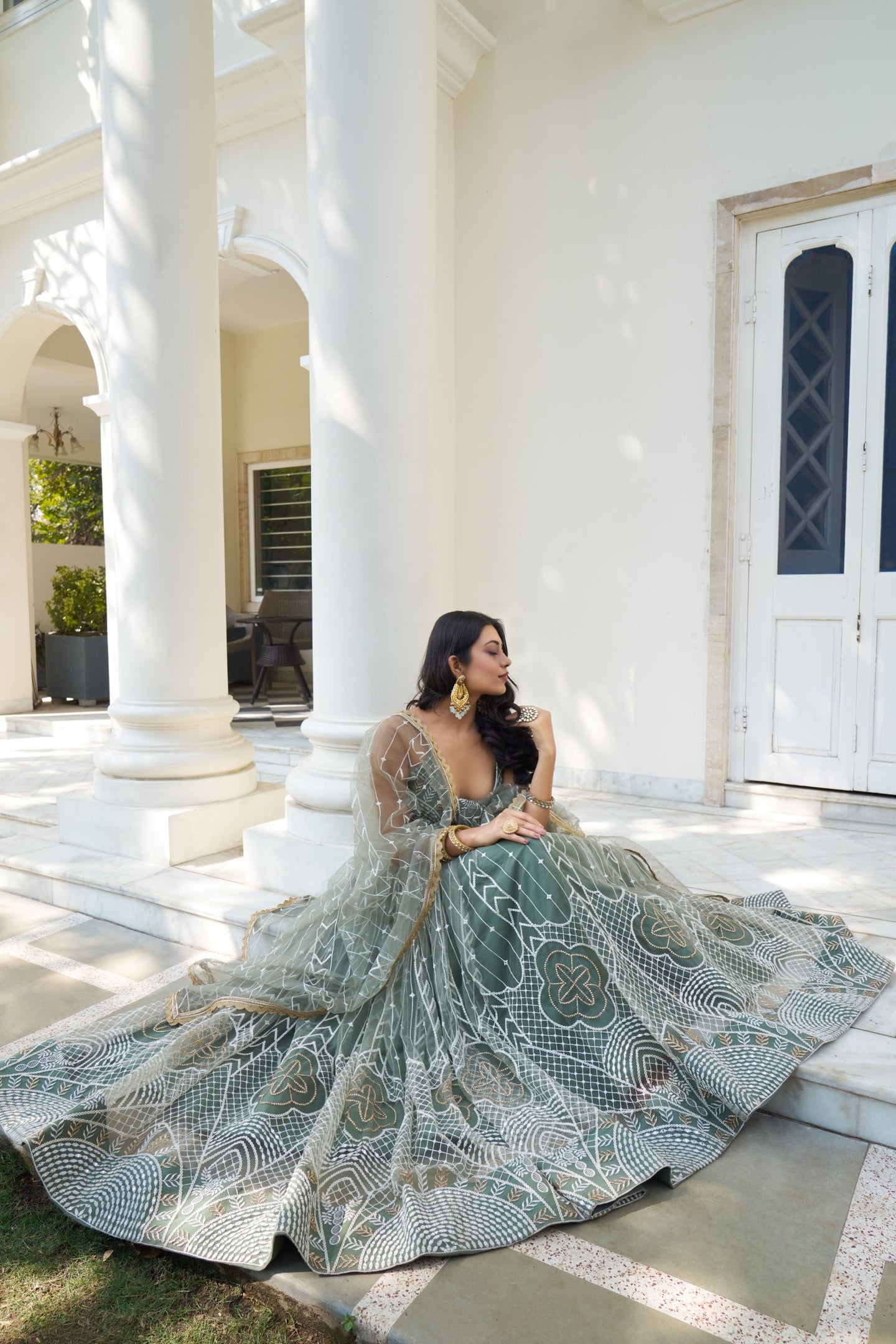 Dusty Green Net Embroidered Lehenga Choli For Indian Festival & Weddings - Thread Embroidery Work, Sequence Embroidery Work