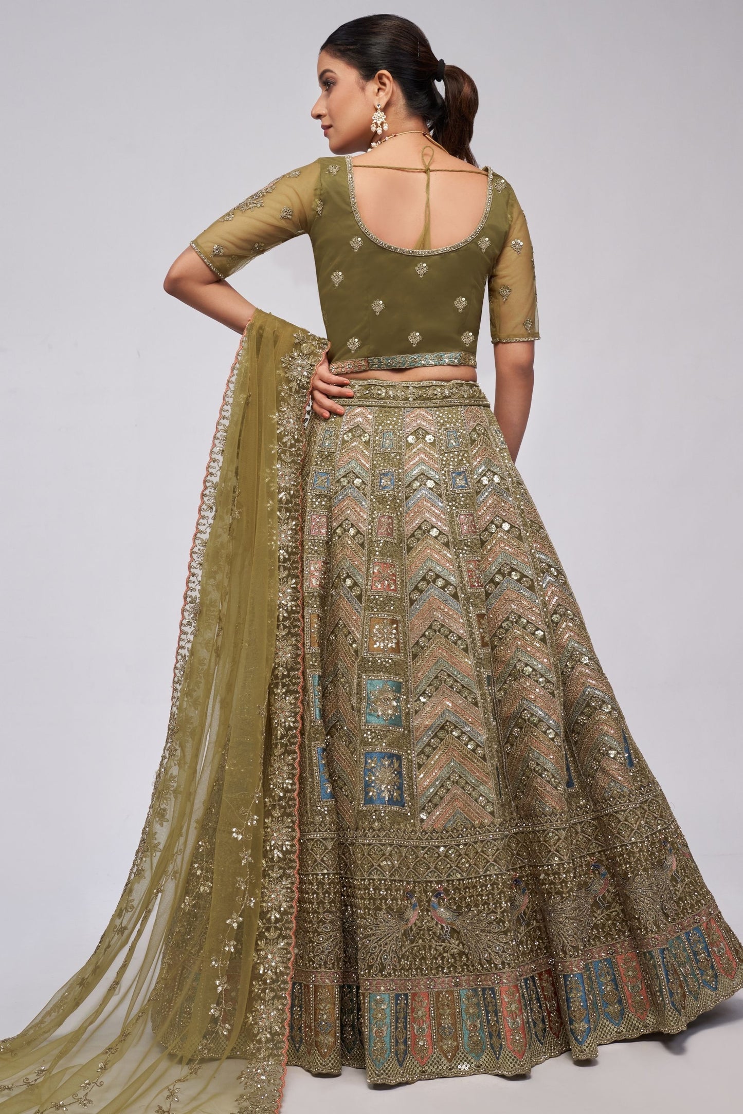 Olive Green Soft Net Lehenga Choli For Indian Festivals & Weddings - Sequins Work, Dori Work, Zarkan Work, Thread Work