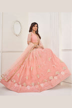 Peach Net Embroidered Lehenga Choli For Indian Festival & Weddings - Embroidery Work