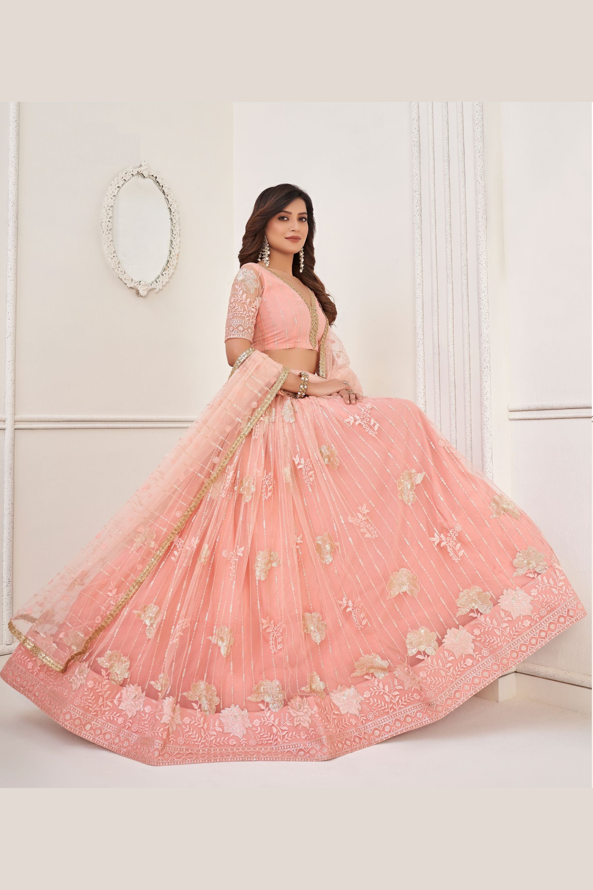 Peach Net Embroidered Lehenga Choli For Indian Festival & Weddings - Embroidery Work