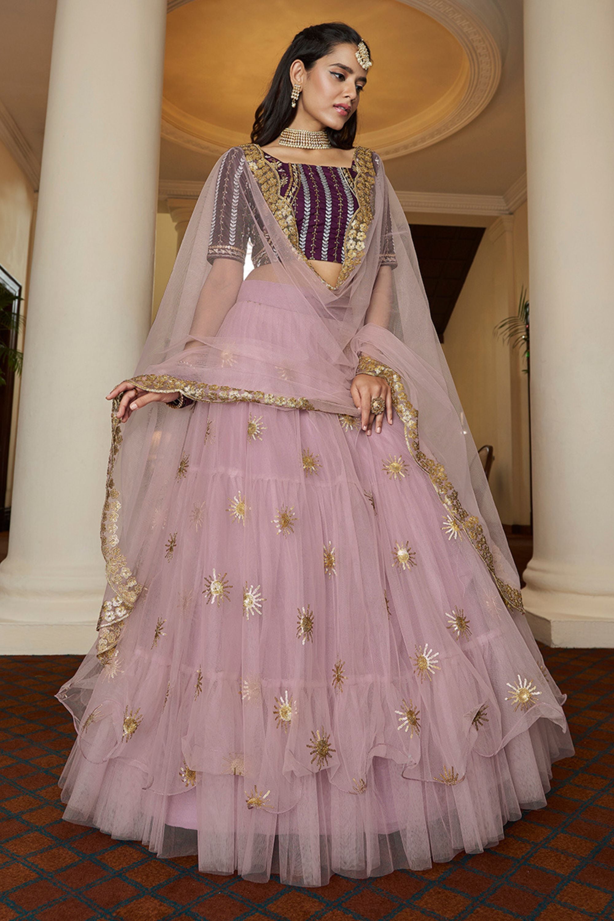 Pink Ruffled Style Sequins Embellished Lehenga Choli Latest 2137LG02