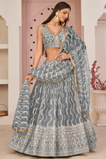 Grey Net Lehenga Choli For Indian & Pakistani Wedding Festival - Zari Work, Sequins & Thread Embroidery Work