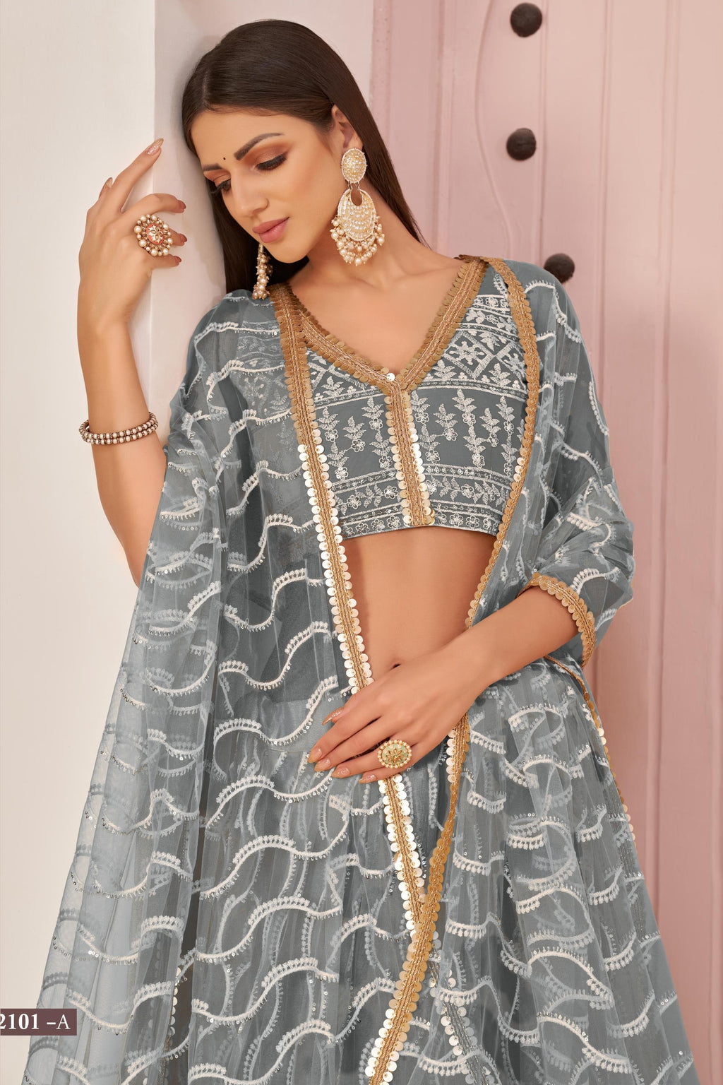 Grey Net Lehenga Choli For Indian & Pakistani Wedding Festival - Zari Work, Sequins & Thread Embroidery Work
