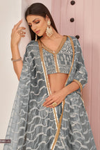 Grey Net Lehenga Choli For Indian & Pakistani Wedding Festival - Zari Work, Sequins & Thread Embroidery Work