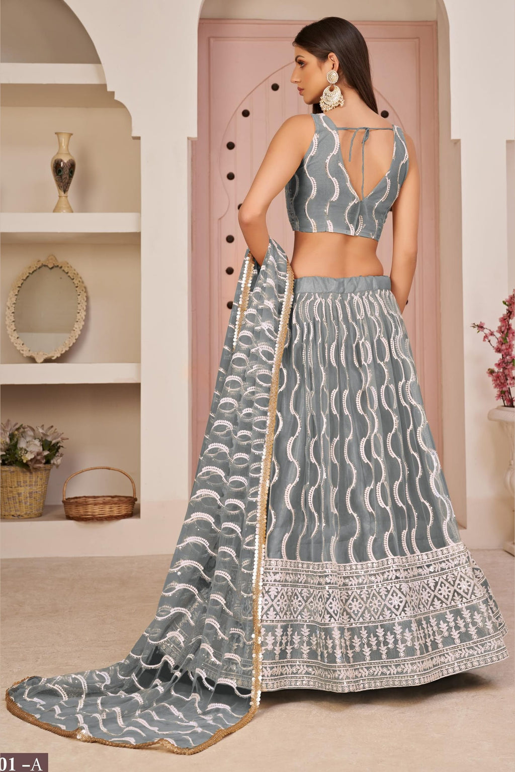 Grey Net Lehenga Choli For Indian & Pakistani Wedding Festival - Zari Work, Sequins & Thread Embroidery Work