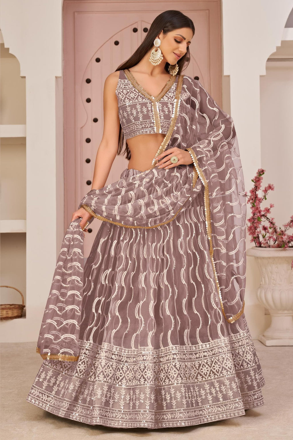 Dusty Mauva Net Lehenga Choli For Indian & Pakistani Wedding Festival - Zari Work, Sequins & Thread Embroidery Work