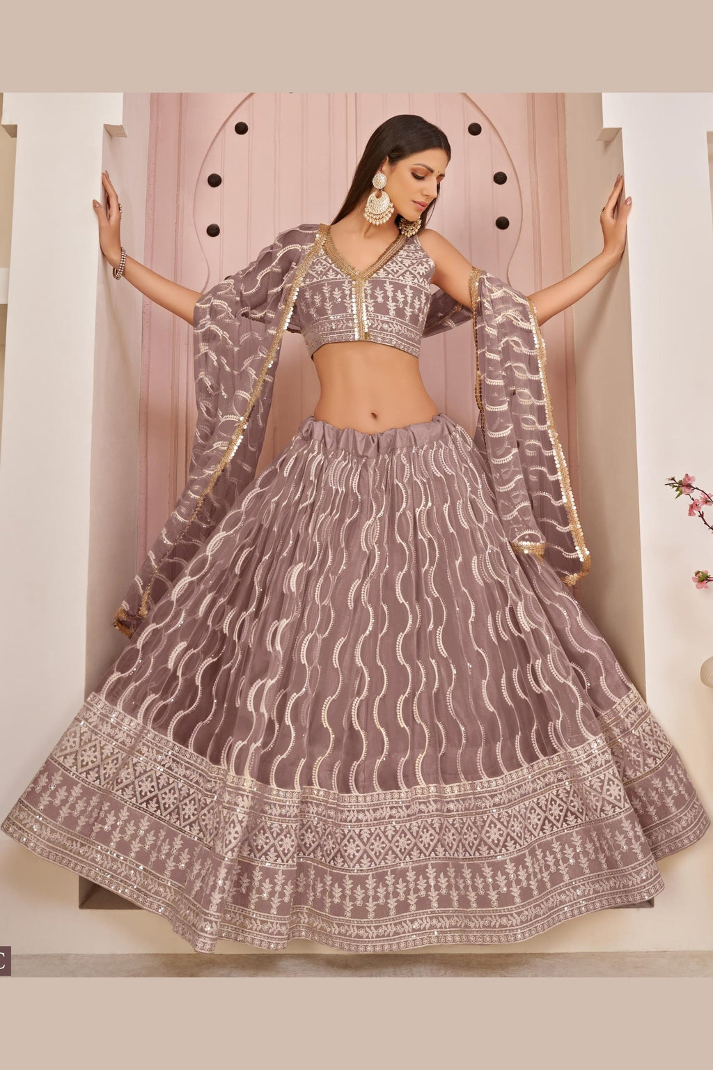 Dusty Mauva Net Lehenga Choli For Indian & Pakistani Wedding Festival - Zari Work, Sequins & Thread Embroidery Work