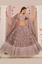 Dusty Mauva Net Lehenga Choli For Indian & Pakistani Wedding Festival - Zari Work, Sequins & Thread Embroidery Work