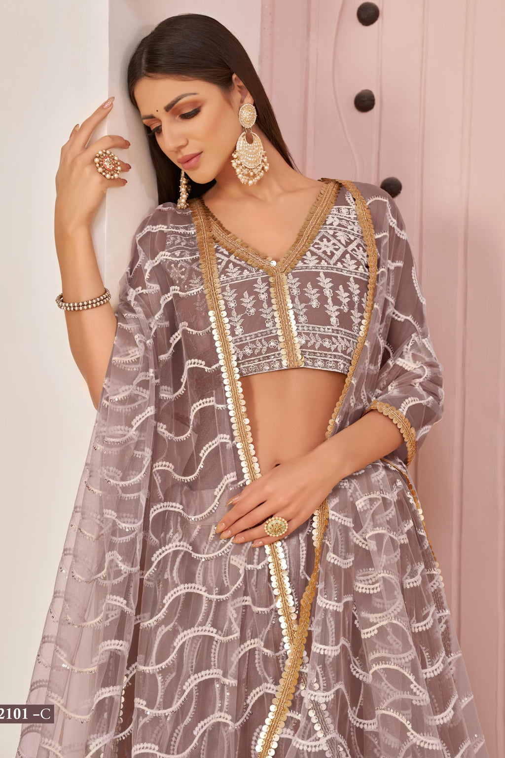 Dusty Mauva Net Lehenga Choli For Indian & Pakistani Wedding Festival - Zari Work, Sequins & Thread Embroidery Work