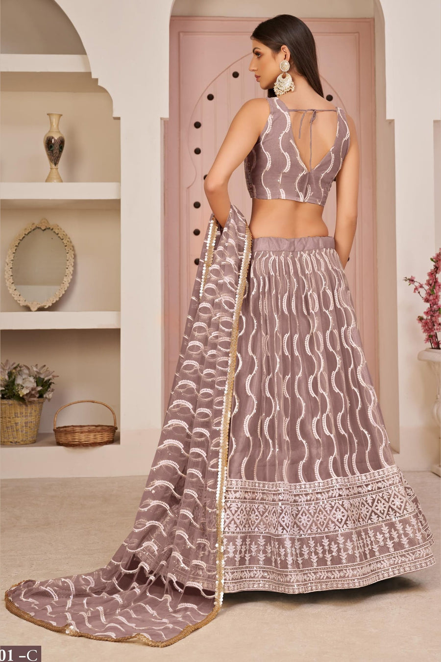 Dusty Mauva Net Lehenga Choli For Indian & Pakistani Wedding Festival - Zari Work, Sequins & Thread Embroidery Work