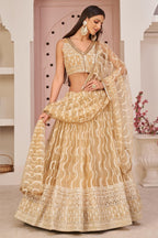 Beige Net Lehenga Choli For Indian & Pakistani Wedding Festival - Zari Work, Sequins & Thread Embroidery Work