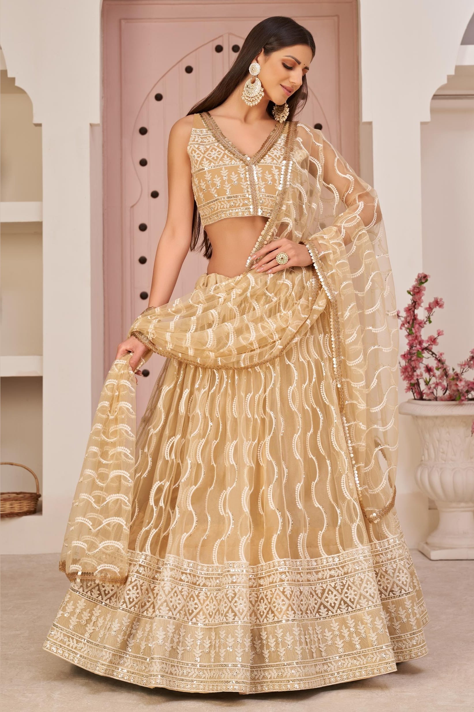Beige Net Lehenga Choli For Indian & Pakistani Wedding Festival - Zari Work, Sequins & Thread Embroidery Work