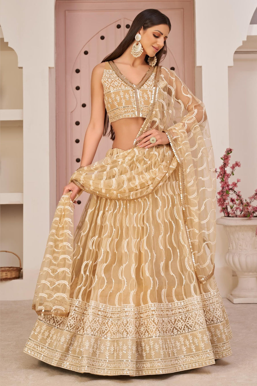 Beige Net Lehenga Choli For Indian & Pakistani Wedding Festival - Zari Work, Sequins & Thread Embroidery Work