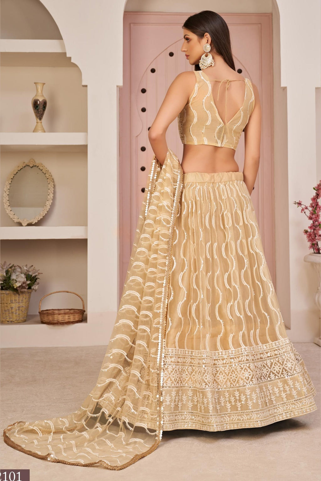 Beige Net Lehenga Choli For Indian & Pakistani Wedding Festival - Zari Work, Sequins & Thread Embroidery Work