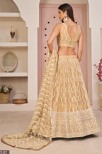 Beige Net Lehenga Choli For Indian & Pakistani Wedding Festival - Zari Work, Sequins & Thread Embroidery Work