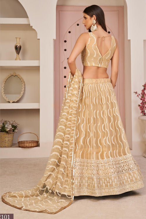 Beige Net Lehenga Choli For Indian & Pakistani Wedding Festival - Zari Work, Sequins & Thread Embroidery Work
