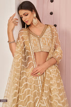 Beige Net Lehenga Choli For Indian & Pakistani Wedding Festival - Zari Work, Sequins & Thread Embroidery Work