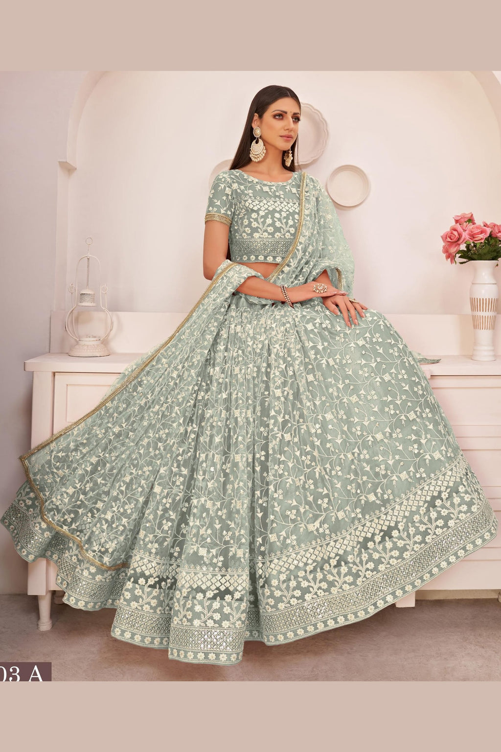 Greenish Grey Net Lehenga Choli For Indian & Pakistani Wedding Festival - Thread & Sequins Embroidery Work, Zari Work