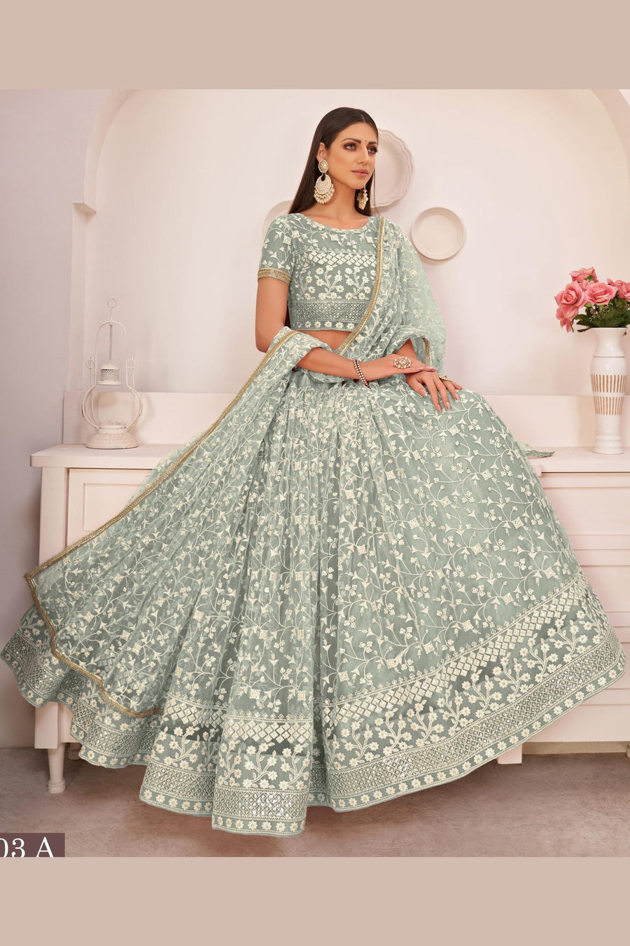 Greenish Grey Net Lehenga Choli For Indian & Pakistani Wedding Festival - Thread & Sequins Embroidery Work, Zari Work