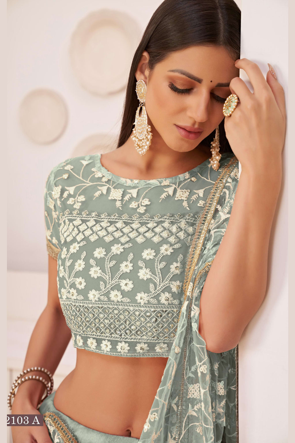 Greenish Grey Net Lehenga Choli For Indian & Pakistani Wedding Festival - Thread & Sequins Embroidery Work, Zari Work