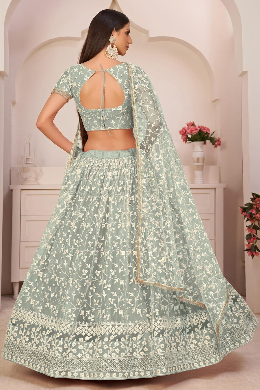 Greenish Grey Net Lehenga Choli For Indian & Pakistani Wedding Festival - Thread & Sequins Embroidery Work, Zari Work