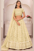 Light Yellow Net Lehenga Choli For Indian & Pakistani Wedding Festival - Thread & Sequins Embroidery Work, Zari Work