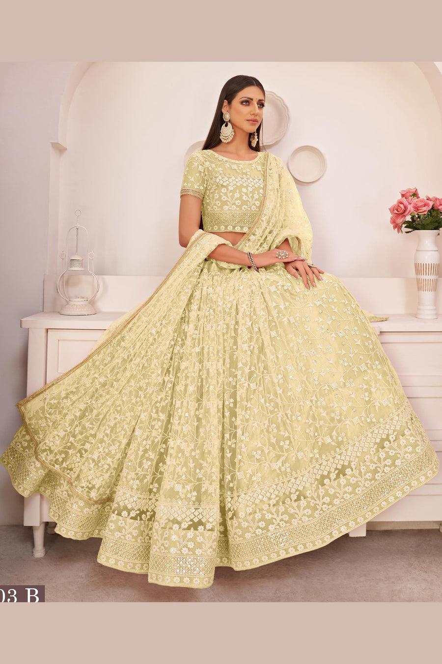 Light Yellow Net Lehenga Choli For Indian & Pakistani Wedding Festival - Thread & Sequins Embroidery Work, Zari Work
