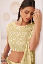 Light Yellow Net Lehenga Choli For Indian & Pakistani Wedding Festival - Thread & Sequins Embroidery Work, Zari Work