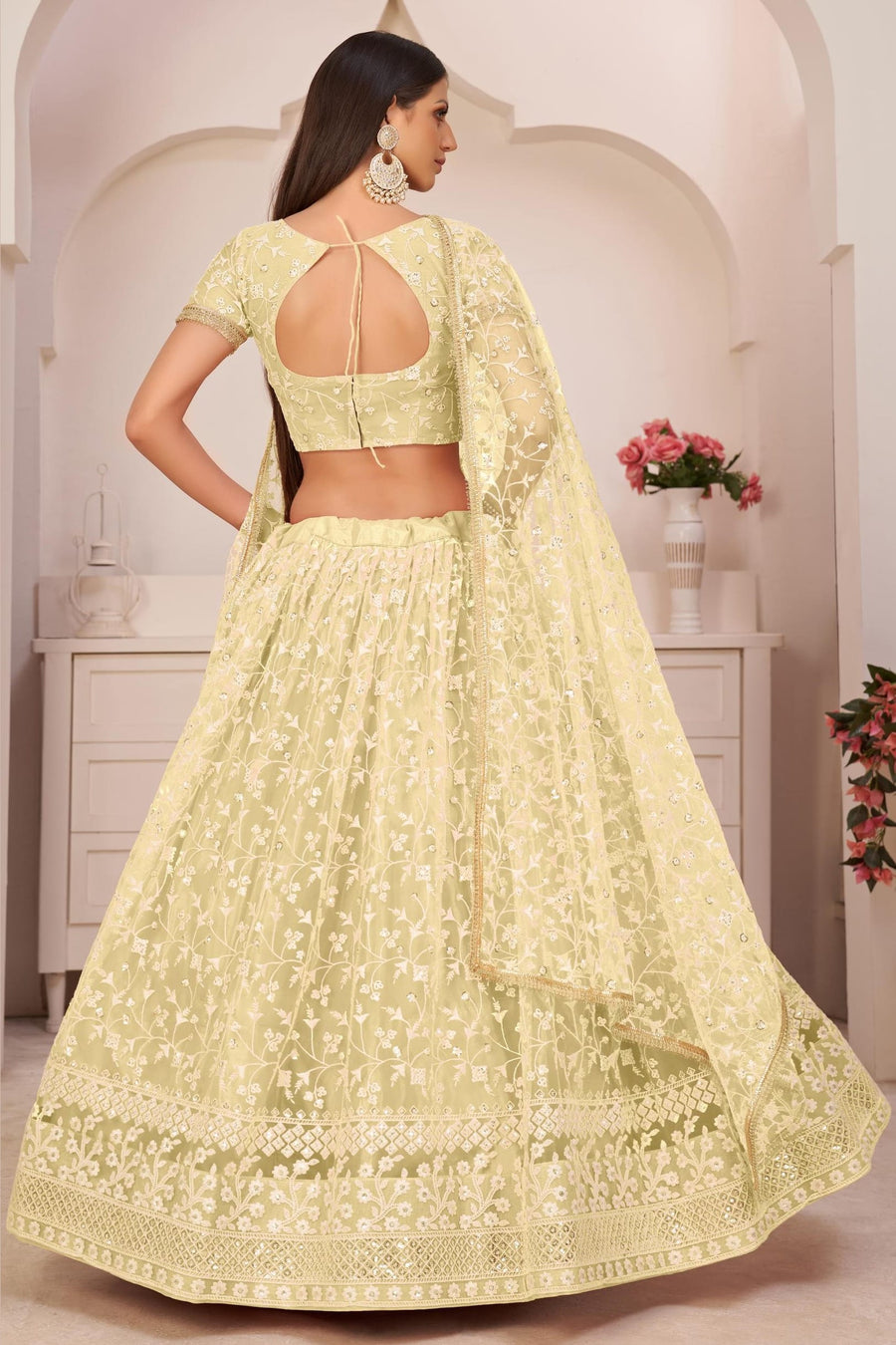 Light Yellow Net Lehenga Choli For Indian & Pakistani Wedding Festival - Thread & Sequins Embroidery Work, Zari Work