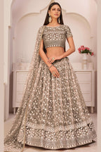 Chocolate Brown Net Lehenga Choli For Indian & Pakistani Wedding Festival - Thread & Sequins Embroidery Work, Zari Work