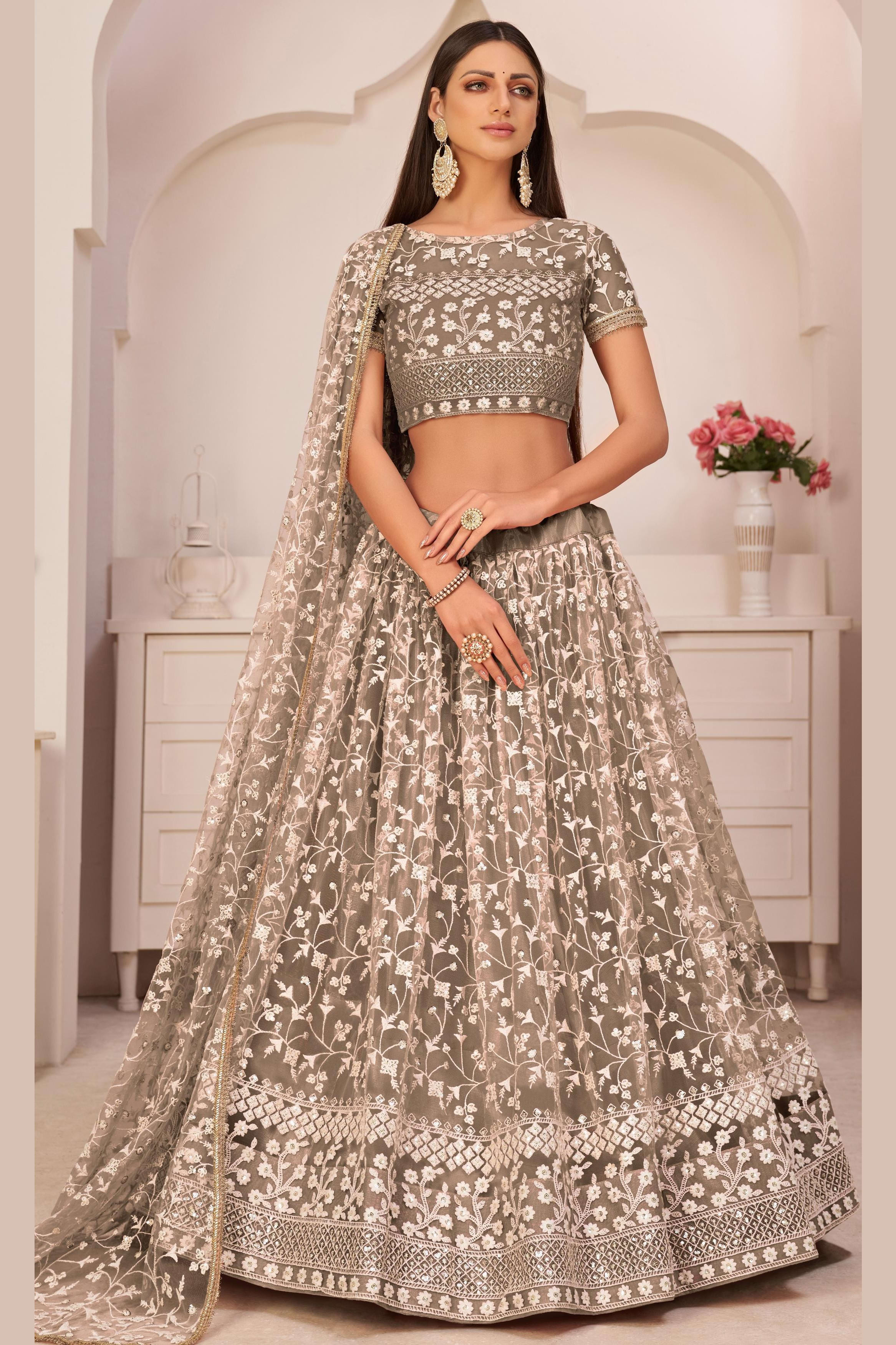 Chocolate Brown Net Lehenga Choli For Indian & Pakistani Wedding Festival - Thread & Sequins Embroidery Work, Zari Work