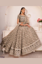 Chocolate Brown Net Lehenga Choli For Indian & Pakistani Wedding Festival - Thread & Sequins Embroidery Work, Zari Work