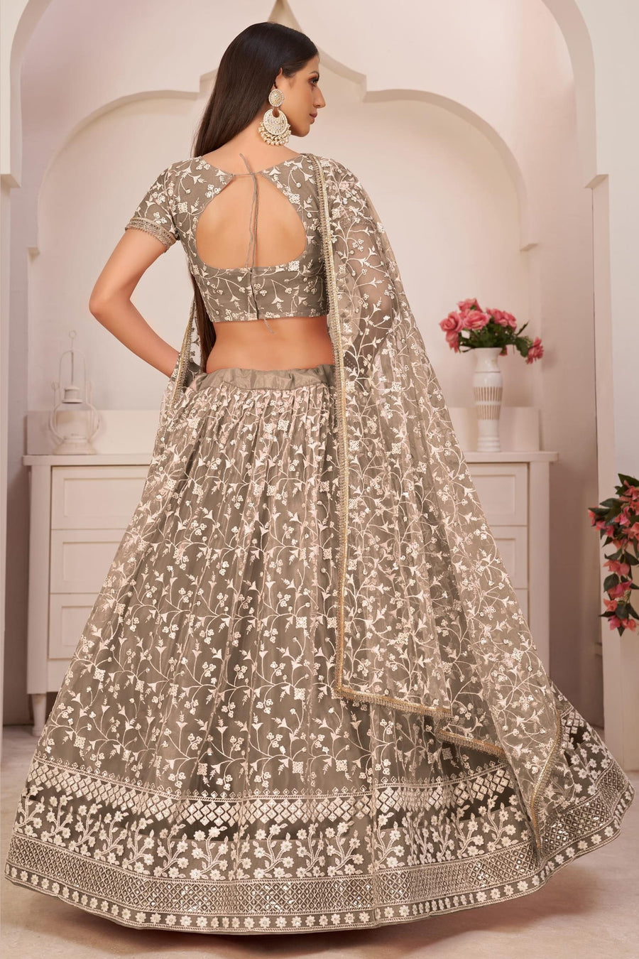 Chocolate Brown Net Lehenga Choli For Indian & Pakistani Wedding Festival - Thread & Sequins Embroidery Work, Zari Work