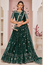 Dark Green Net Lehenga Choli For Indian & Pakistani Wedding Festival - Zari Work, Sequins & Thread Embroidery Work