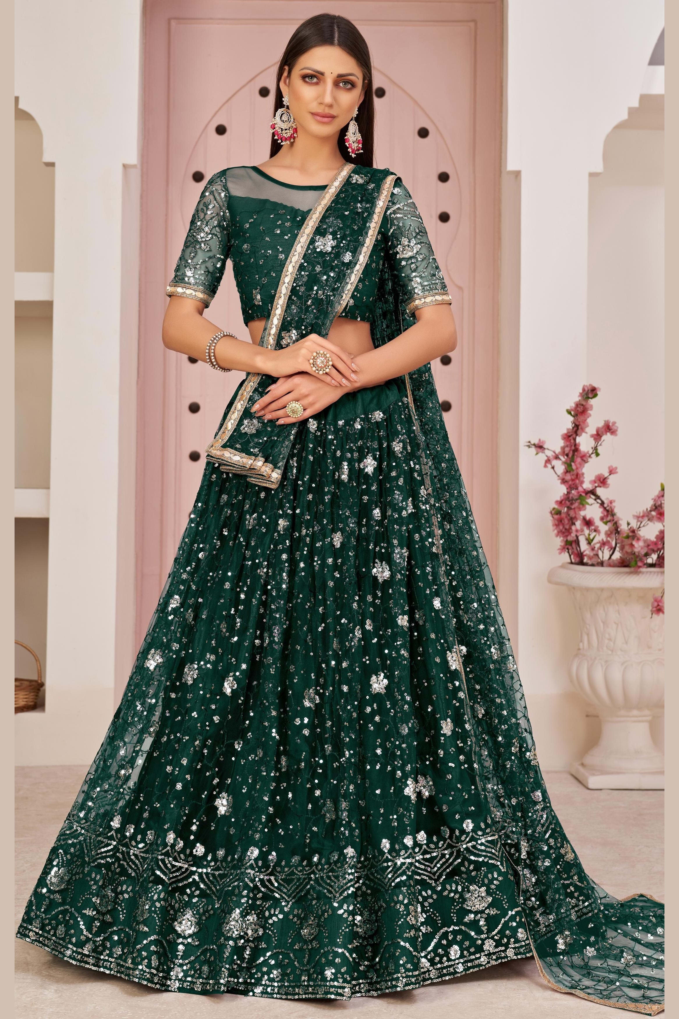 Dark Green Net Lehenga Choli For Indian & Pakistani Wedding Festival - Zari Work, Sequins & Thread Embroidery Work