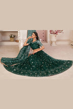 Dark Green Net Lehenga Choli For Indian & Pakistani Wedding Festival - Zari Work, Sequins & Thread Embroidery Work