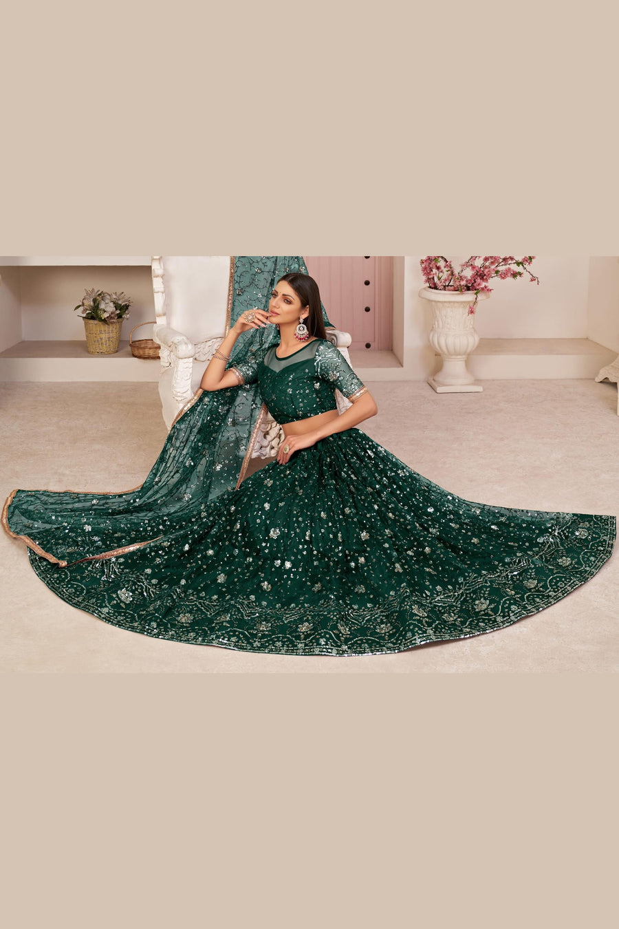 Dark Green Net Lehenga Choli For Indian & Pakistani Wedding Festival - Zari Work, Sequins & Thread Embroidery Work