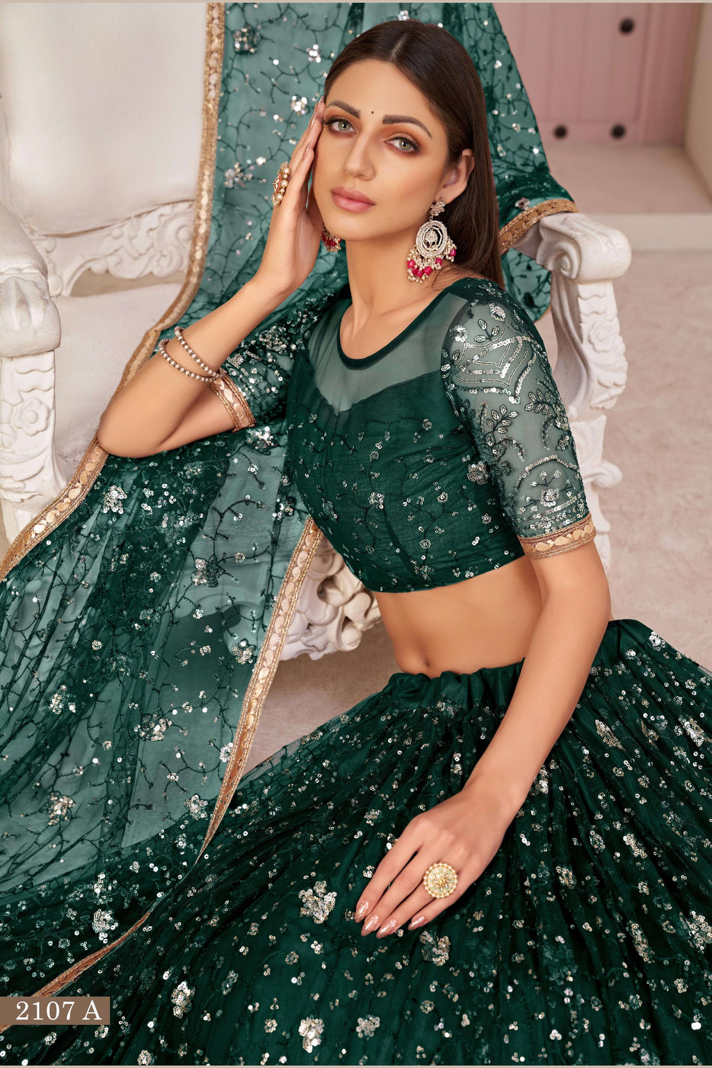 Dark Green Net Lehenga Choli For Indian & Pakistani Wedding Festival - Zari Work, Sequins & Thread Embroidery Work