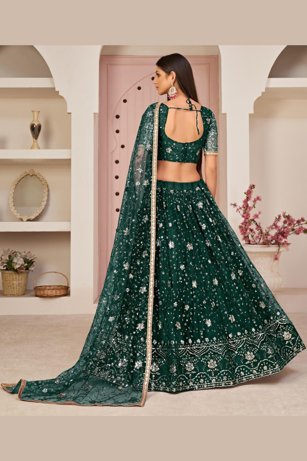 Dark Green Net Lehenga Choli For Indian & Pakistani Wedding Festival - Zari Work, Sequins & Thread Embroidery Work