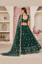 Dark Green Net Lehenga Choli For Indian & Pakistani Wedding Festival - Zari Work, Sequins & Thread Embroidery Work